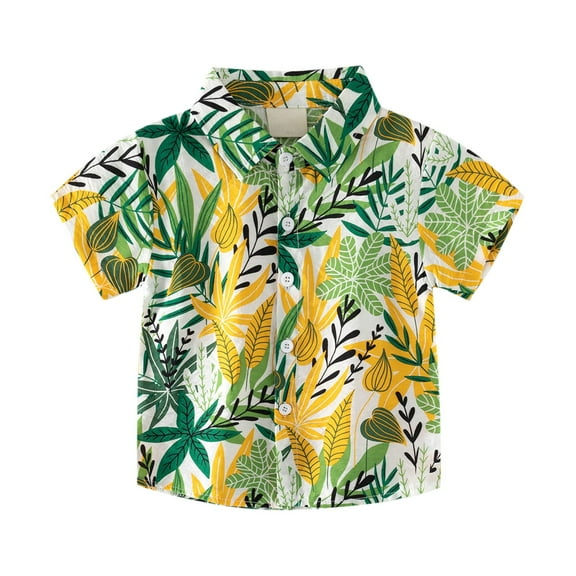 Nrmvnmi Boys' Summer Casual Shirts Leaves Print Short Sleeve Turndown Collar Button Loose Cotton T-shirt For 3-8 Years