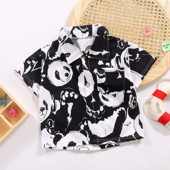 Nrmvnmi Boys' Summer Casual Shirts Panda Print Short Sleeve Turndown Collar Button Loose T-shirt For 3-11 Years