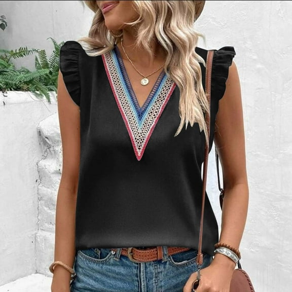 Nrmvnmi Cap Sleeve Shirts for Women Casual Guipure Lace V Neck Blouse Color Block Dressy T Shirt Tops For Mothers day gifts