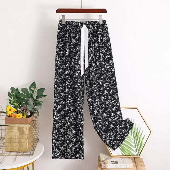 Nrmvnmi Capri Pajamas Pants for Women Casual 2024 Summer Drawstring Elastic High Waist Linen Pants Straight Wide Leg Plus Size Lounge Capris For Women Gifts