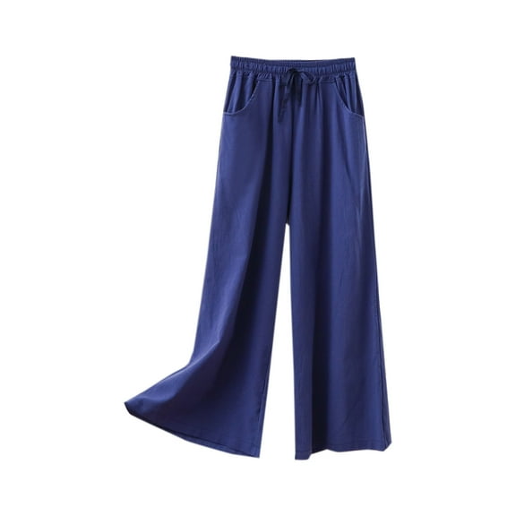 Nrmvnmi Capri Pajamas Pants for Women Casual 2024 Summer Drawstring Elastic High Waist Linen Pants Straight Wide Leg Plus Size Lounge Capris For Women Gifts