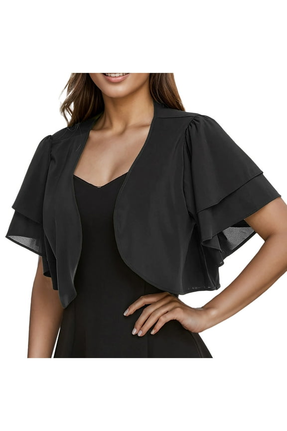 Chiffon Shrugs for Women Short Sleeves Open Front Sheer Cardigan Soft Jackets Top for Evening Dress Black
