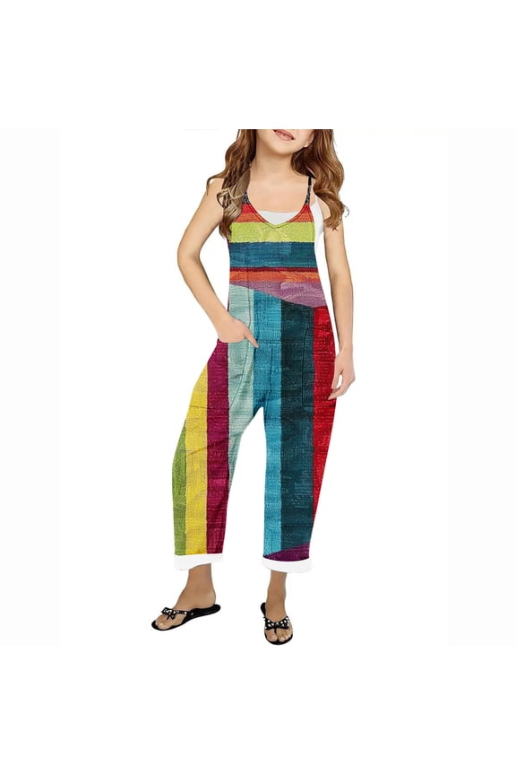 Children Boys Girls Jumpsuits Rainbow Striped Sleeveless Rompers Pants Loose Fit Jumpsuits With Pocket Wide Leg Casual Comfortable Jumpsuits Fashionable Summer Fall Clothes