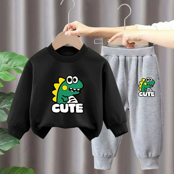 Nrmvnmi Children Boys Girls Sweatshirt Set Cute Dinosaur Graphic Printed Tracksuits Top Pants Outfit Round Neck Long Sleeved Casual Shirt And High Waisted Elastic Pants Outfits Tracksuits