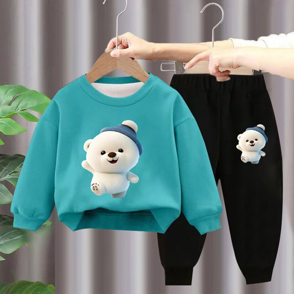 Nrmvnmi Children Boys Girls Thick Sweatshirt Set Cute Bear Graphic Printed Tracksuits Top Pants Outfit Round Neck Long Sleeved Casual Shirt And Waisted Elastic Pants Outfits Tracksuits