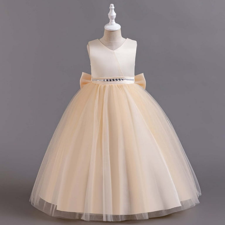 Nrmvnmi Children Netting Princess Dress Girl Bowknot Puffy Gown Dress Beige-9-10Years  - Walmart.com