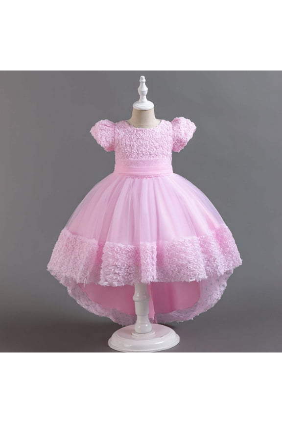 Children Rose Flower Train Skirt Cake Princess Dress Girl Bowknot Puffy Gown Dress Pink-4-5Years