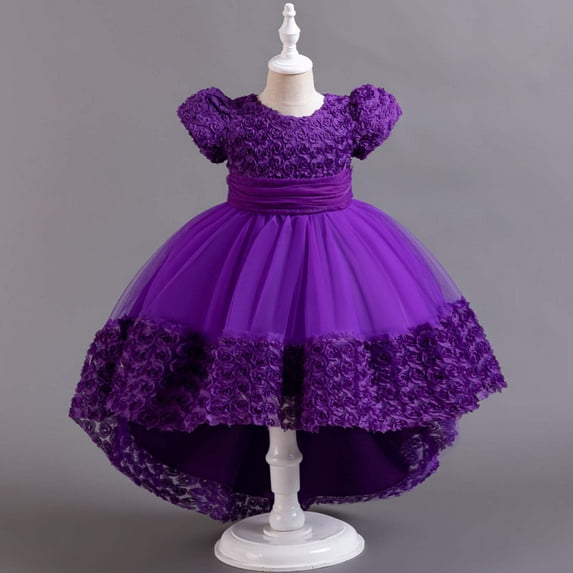 Nrmvnmi Children Rose Flower Train Skirt Cake Princess Dress Girl Bowknot Puffy Gown Dress Purple-4-5Years
