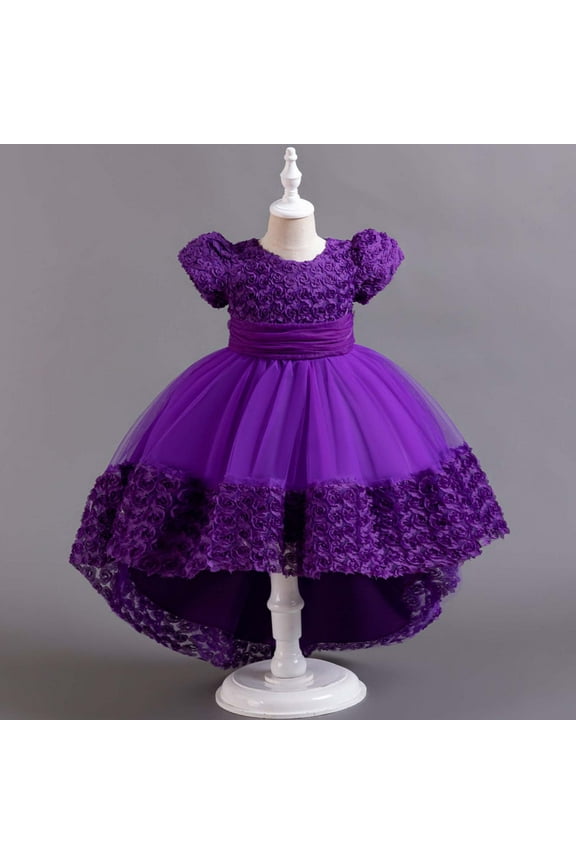 Children Rose Flower Train Skirt Cake Princess Dress Girl Bowknot Puffy Gown Dress Purple-4-5Years