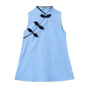 Nrmvnmi Children Solid Color Cheongsam Baby Girl Sleeveless Princess Dress Blue-2-3Years
