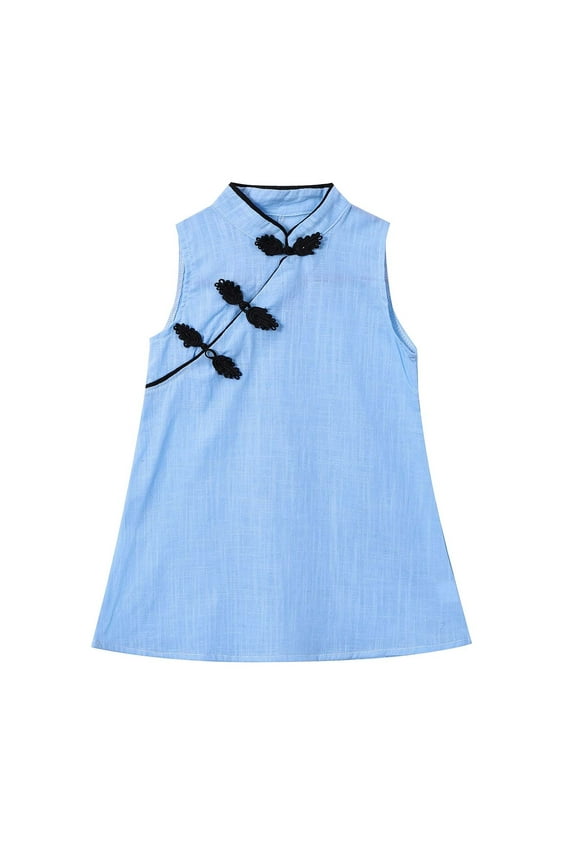 Children Solid Color Cheongsam Baby Girl Sleeveless Princess Dress Blue-90