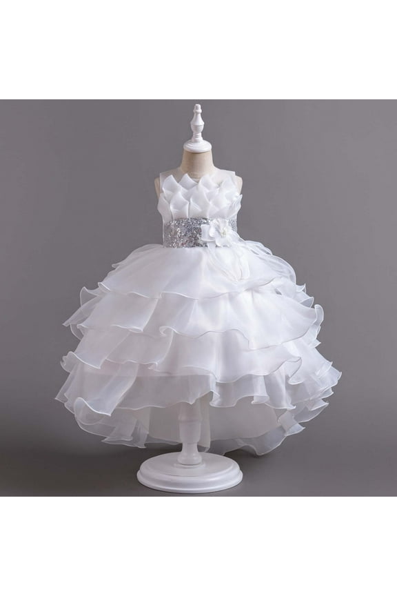 Children Train Skirt Cake Princess Dress Girl Bowknot Puffy Gown Dress White-4-5Years