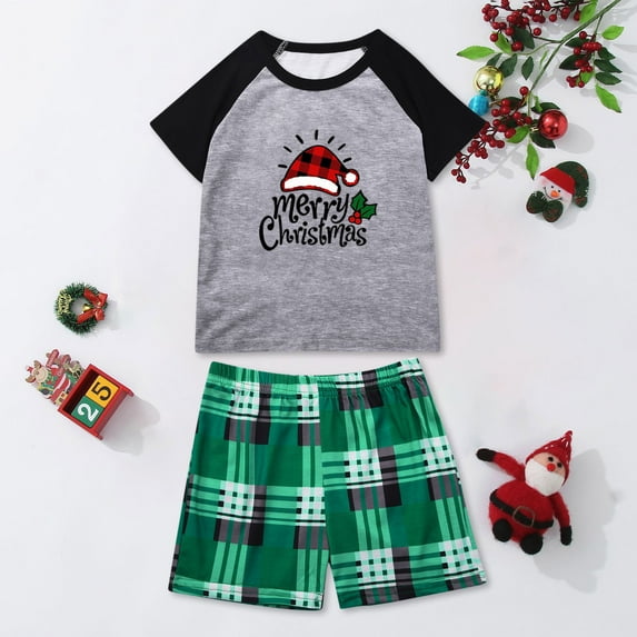 Nrmvnmi Christmas Family Matching Pajamas Sets For Kids Christmas Graphic Print Crew Neck Color Block Short Sleeved Pullover + Elastic Waisted Plaid Pants Comfortable Sleepwear Home Suit Sets