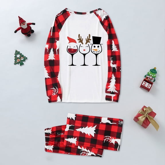 Nrmvnmi Christmas Family Matching Pajamas Sets Wine Glass Print For Mom Crew Neck Long Sleeved Pullover Top + High Elastic Waisted Plaid Pants Comfortable Sleepwear Home Suit Sets