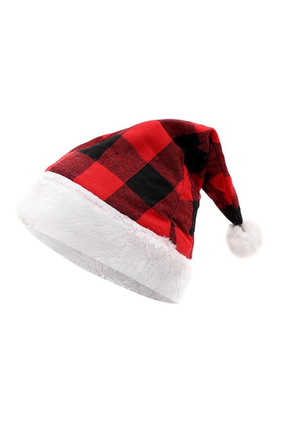 Christmas Hat Santa Hat For Adults Women Men Classic Plaid Santa Claus Hats Party Santa Cap With Plush Trim Crochet Xmas Beanie Clothes Comfort Skull Cap For Christmas Party