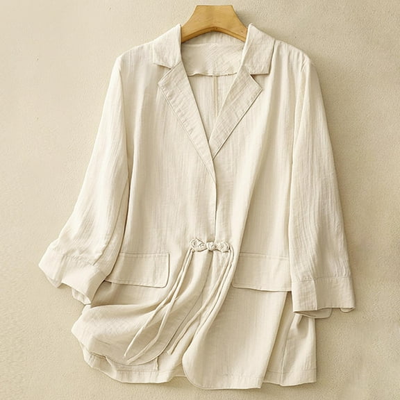 Nrmvnmi Cotton Linen Blazer Women Suit Jackets for Work Business Casual Lightweight Jacket Lapel 3/4 Sleeve Tops Beige