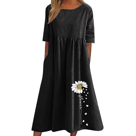 Nrmvnmi Cotton Linen Dresses for Women 2024 Spring Summer Round Neck Printing Casual Short Sleeved Dress Black XLMothers Day Gifts