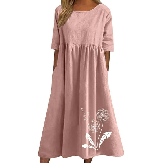 Nrmvnmi Cotton Linen Dresses for Women 2024 Spring Summer Round Neck Printing Casual Short Sleeved Dress Pink 4XLMothers Day Gifts