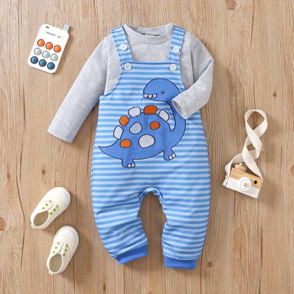 Nrmvnmi Cute Baby Boy Clothes Suit Toddler Boys' Solid Color Crew Neck Long Sleeve TShirt Horizontal Striped Dinosaur Button Print Overalls Jumpsuit Pants Outfits Sets