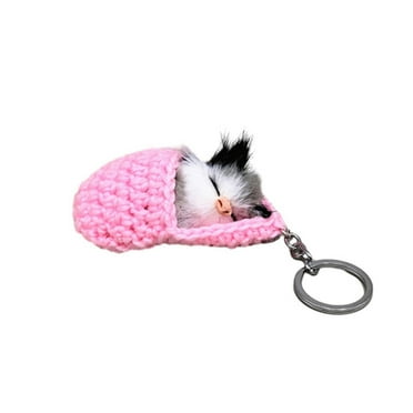 Nrmvnmi Cute Sleeping Cat Pompom Keychains for Women Girls Faux Rabbit Fur Key Ring Handbag or Car Key or Phone Charm Pendant