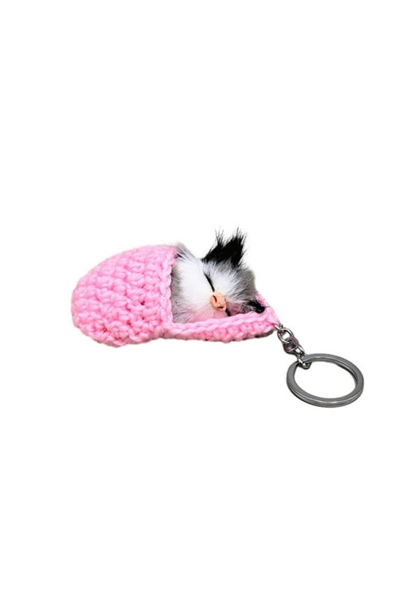 Cute Sleeping Cat Pompom Keychains for Women Girls Faux Rabbit Fur Key Ring Handbag or Car Key or Phone Charm Pendant