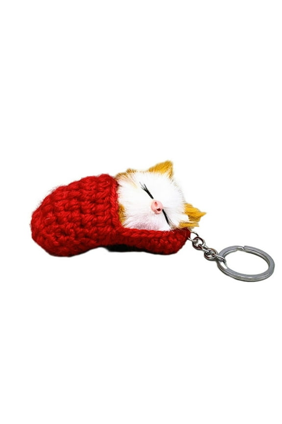 Cute Sleeping Cat Pompom Keychains for Women Girls Faux Rabbit Fur Key Ring Handbag or Car Key or Phone Charm Pendant