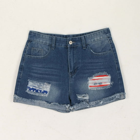 Nrmvnmi Denim Shorts for Women Independence Day Mid Rise Ripped Jean Shorts Patriotic Prints Stretchy Folded Hem Hot Short Jeans