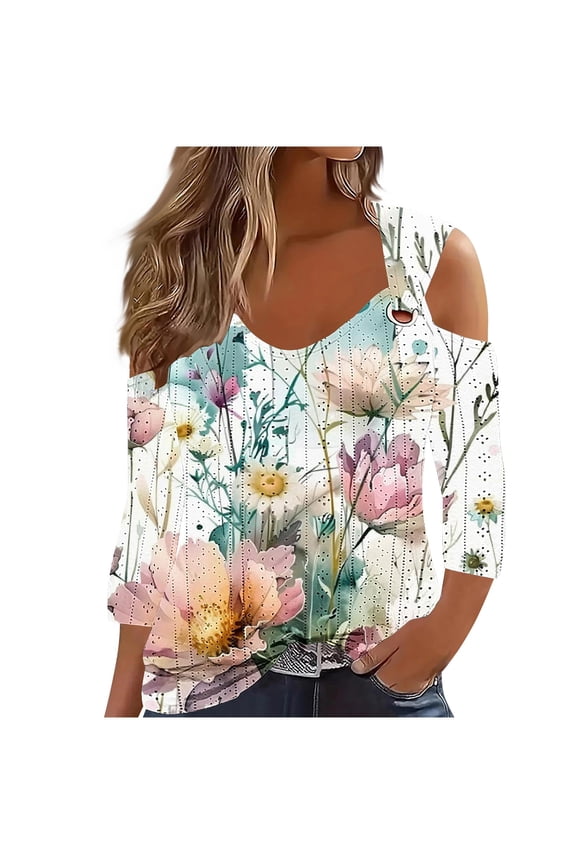 Eyelet Cold Shoulder Shirts for Women 2024 Summer Trendy 3/4 Sleeve Tunic Tops Cotton V Neck Blouses Fall Y2k Tshirt