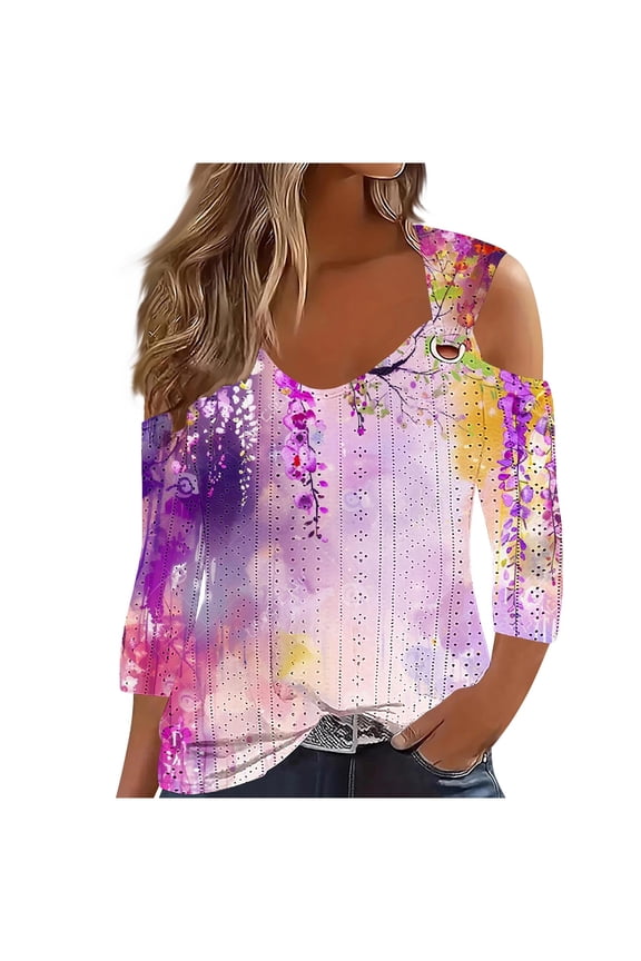 Eyelet Cold Shoulder Shirts for Women 2024 Summer Trendy 3/4 Sleeve Tunic Tops Cotton V Neck Blouses Fall Y2k Tshirt