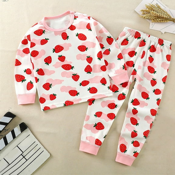 Nrmvnmi Fall And Winter Toddler Baby Kids Casual Thermal Outfits Strawberry Print Long Sleeve Round Neck Tops   Pants Two Piece Cotton Set Loungewear Home Clothing