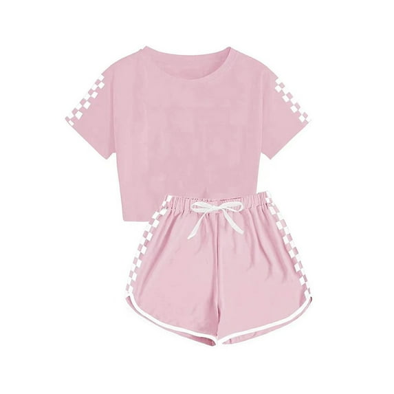 Nrmvnmi Fashion Boy And Girls' Casual Sport Short Sleeve Round Neck Plaid Print Tops + Elastic Waist Shorts 2 Pieces Sets Tracksuit