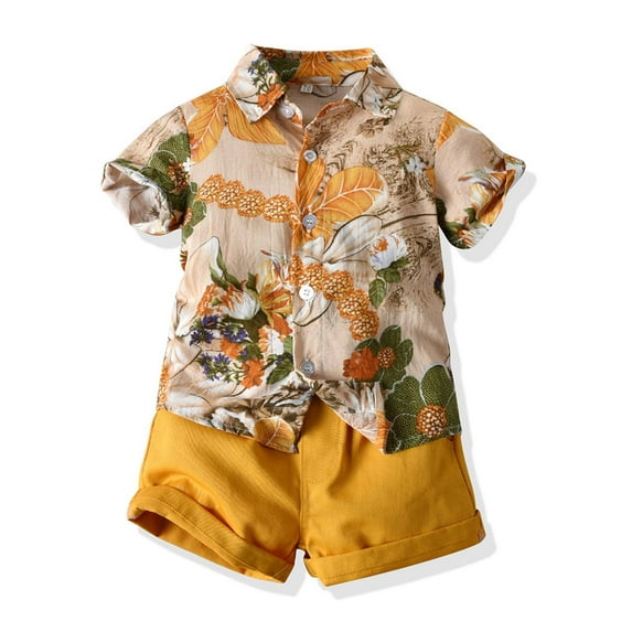 Nrmvnmi Fashion Boys Casual Beach Cotton Outfits Hawaiian Print Button Down Shirt + Elastic Waist Swim Trunks 2 Piece Sets