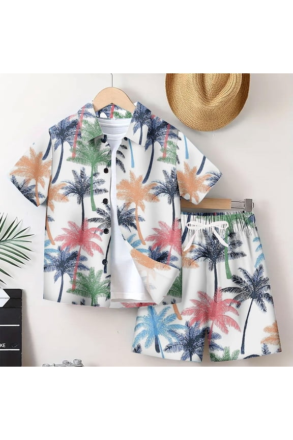 Fashion Boys Casual Hawaiian Outfits Coconut Tree Print Turndown Neck Button Down Shirt + Drawstring Shorts 2 Piece Sets Size 7-14 Years