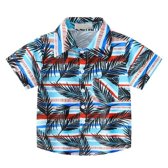 Nrmvnmi Fashion Boys Casual Hawaiian T-shirt Short Sleeve Turndown Neck Coconut Tree Print Shirt Beach T-Shirt Size 2-12 Years