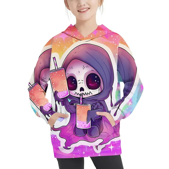 Nrmvnmi Fashion Children's Casual Hoodies Halloween Skeleton Printed Crew Neck Long sleeve Hooded Pullover Sweatshirt Loose Comfortable Clothings With Pockets For Boys And Girls