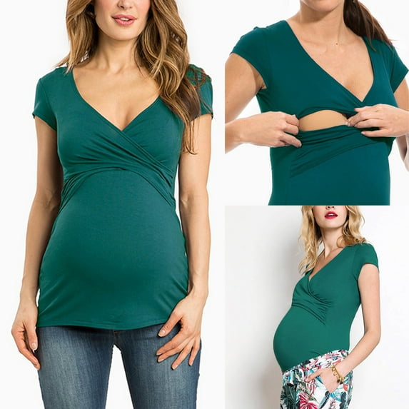 Nrmvnmi Fashion Women's Solid Color Short Sleeve V Neck Summer Nursing Tops Maternity Breastfeeding T-Shirts Tops