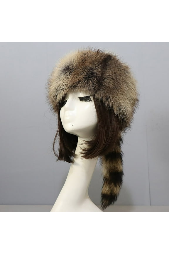 Faux Fur Raccoon Tail Coonskin Cap, Round Flat Top Boone Hat Raccoon Tail Hats Fashionable Hats Soft Ski Hat Riding Windproof Ear Protection Hat For Cold Winter For Men Women