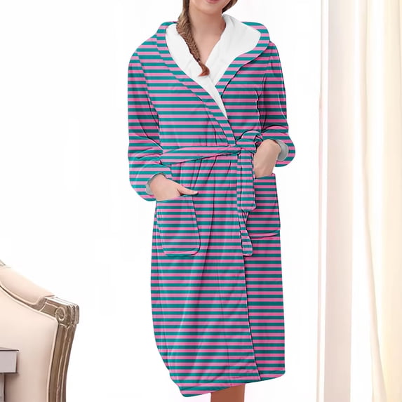 Nrmvnmi Flannel Hooded Bathrobe Robe For Women Soft Fuzzy Robe Pajamas Lightweight Knee Length Robes With Belt Pockets Cute Graphic Prints Warm Sleepwear Robe For Fall Winter