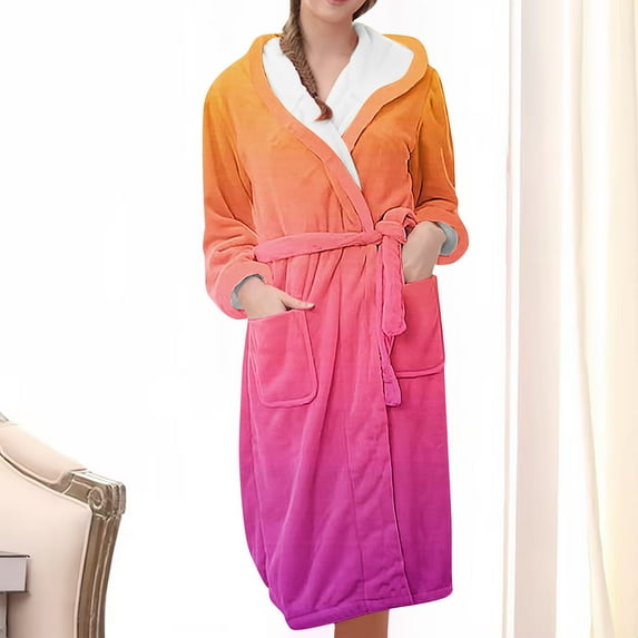Nrmvnmi Flannel Hooded Bathrobe Robe For Women Soft Fuzzy Robe Pajamas Lightweight Knee Length Robes With Belt Pockets Solid Color Warm Sleepwear Robe For Fall Winter