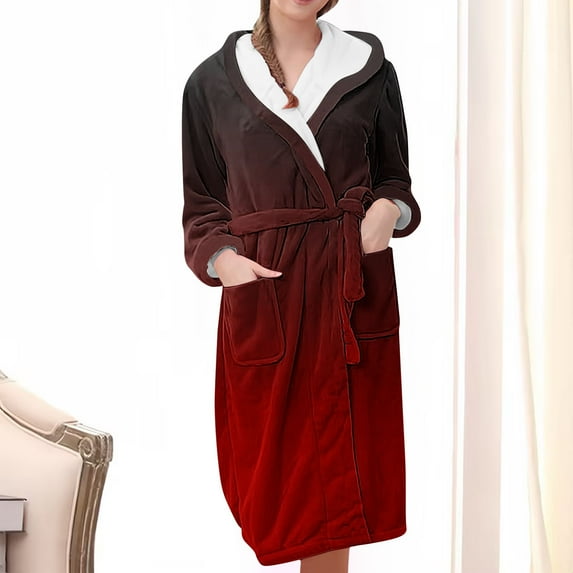 Nrmvnmi Flannel Hooded Bathrobe Robe For Women Soft Fuzzy Robe Pajamas Lightweight Knee Length Robes With Belt Pockets Solid Color Warm Sleepwear Robe For Fall Winter