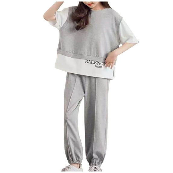 Nrmvnmi Girl Summer 2 Piece Short Sleeve Round Neck Top and Jogger Pant Set Trendy Color Block Kids Streetwear Outfits for 4-14 Years GrayMothers Day Gifts