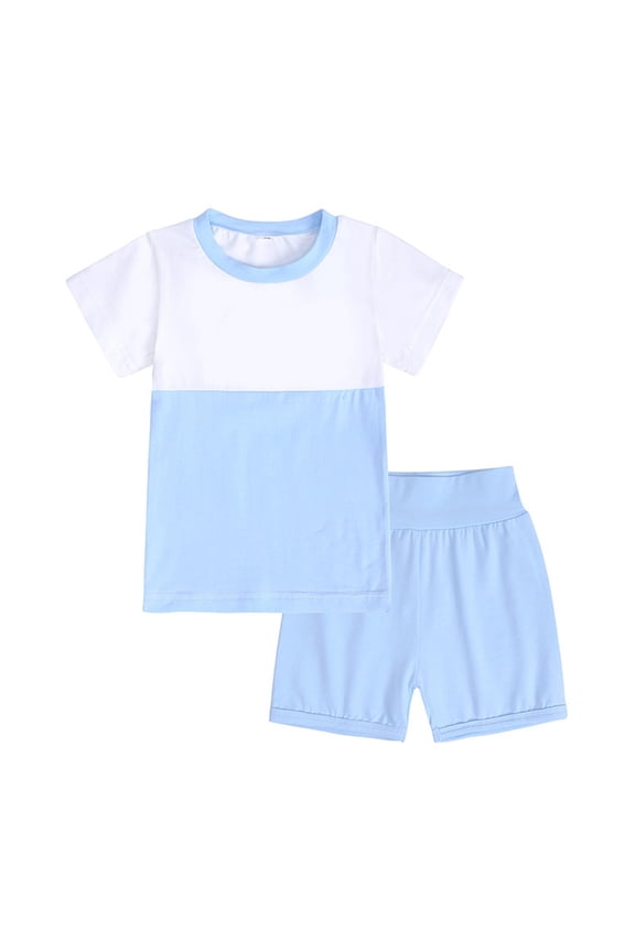 Girl's Solid Color Threaded Round Neck Short Sleeved And Shorts Two-Piece Set Blue-70