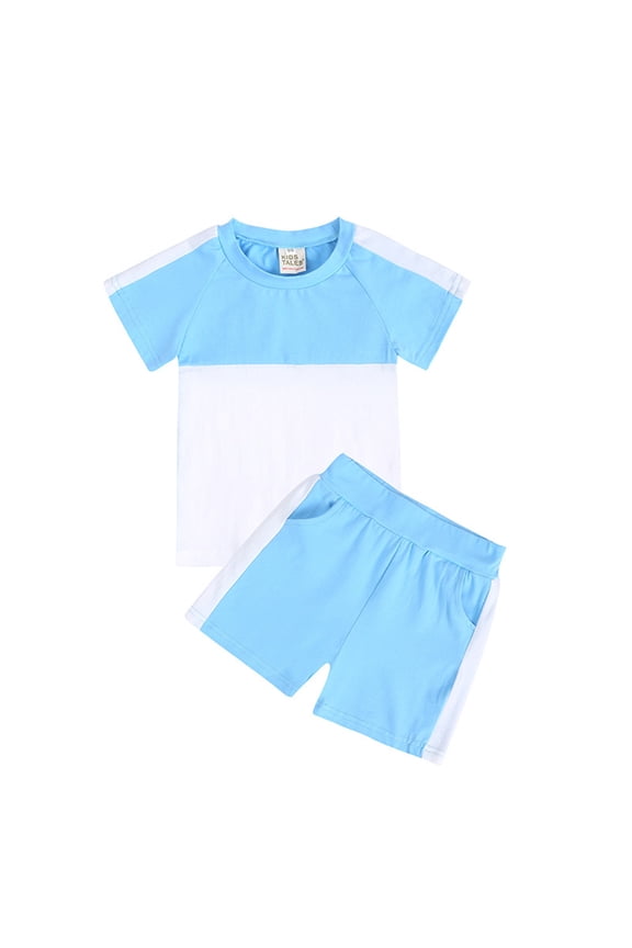 Girl's Solid Color Threaded Round Neck Short Sleeved And Shorts Two-Piece Set Light Blue-70