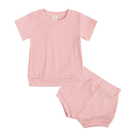 Nrmvnmi Girl's Solid Color Threaded Round Neck Short Sleeved And Shorts Two-Piece Set Pink-4-5Years