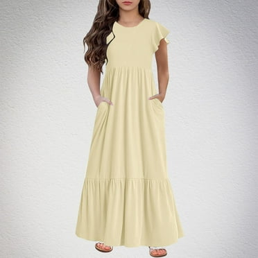 Nrmvnmi Girl's Summer Dresses Solid Color Ruffle Sleeve Round Neck Tiered Swing Casual Sundress with Pockets