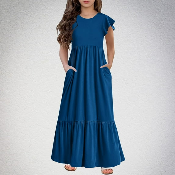 Nrmvnmi Girl's Summer Solid Color Dresses Ruffle Sleeve Round Neck Tiered Swing Midi Casual Sundress with Pockets For 6-13 Years