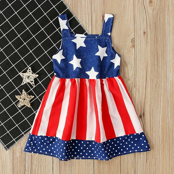 Nrmvnmi Girls 4th of July Dress American Flag Stars Striped Strap Sleeveless Cotton Summer Dresses For 9 Months-4 Years