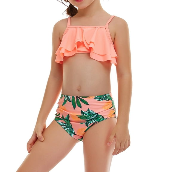 Nrmvnmi Girls Bikini Set Double Ruffle Suspender High Waist Split Swimsuit Two-Piece Set Casual Beach Bikini Set