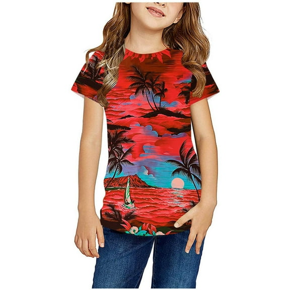 Nrmvnmi Girls Boys T-shirt Short Sleeve Round Neck Hawaiian Print T-Shirt Summer Clothes Tops For 3-14 Years Girls And Boys