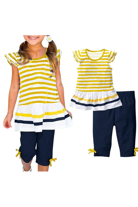 Girls' Casual Summer 2 Pcs Set Flying Sleeve Striped Swing Hem Tunic Top + Elastic Waistband Capri Pants Set Summer Suit